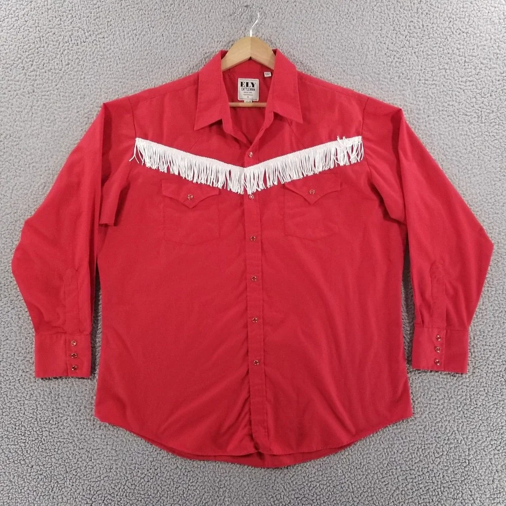 Ely Cattleman Shirt Mens 17.5 XL Red Fringe Pearl Snap Western Rodeo Cowboy